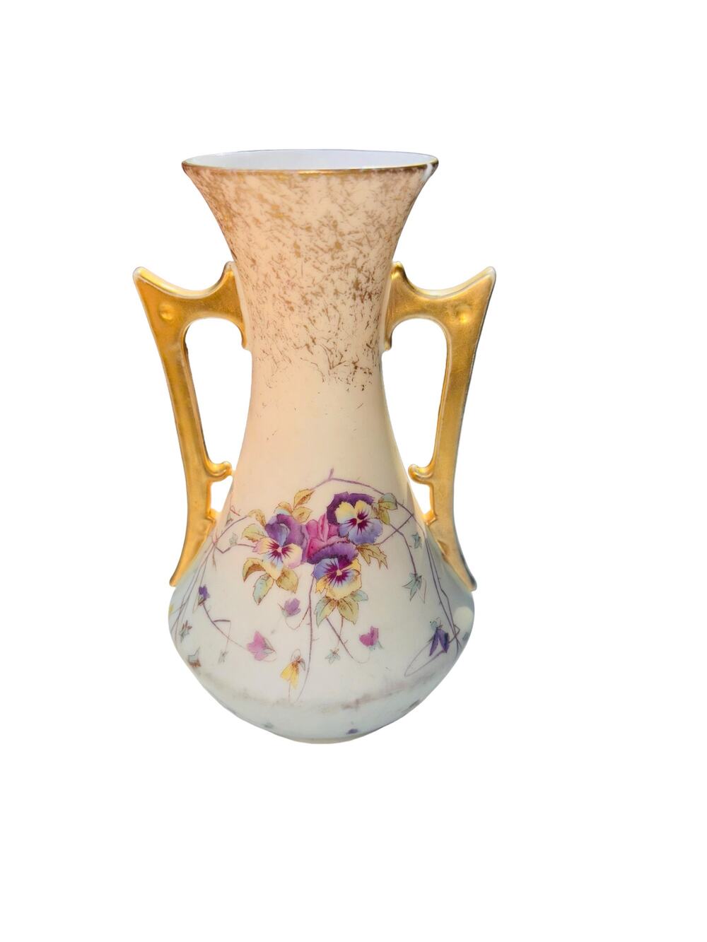 Hand Painted Pansies Two Handle Vase Gold Trim Imperial Austria Victorian FLAWED